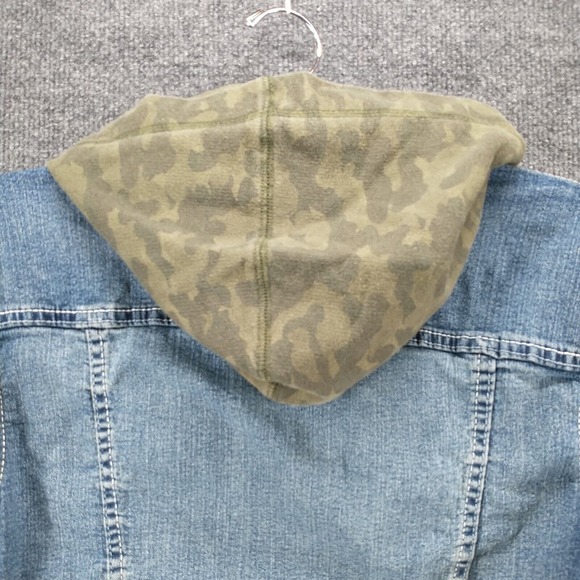 WallFlower Girls Hooded Denim Jean Jacket Blue Green Camo Large Layered Look - Picture 6 of 12